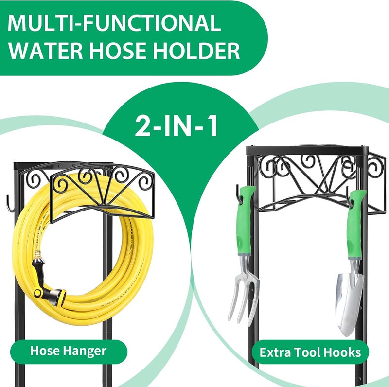 TomCare Garden Hose Holder Upgraded Heavy Duty Metal Water Hose Holder Holds 160 FT Hoses Sturdy Hose Reel with 2 Tool Hooks Freestanding Outdoor Hoses Storage Hanger for Outside Yard Lawn, Black - Image 1